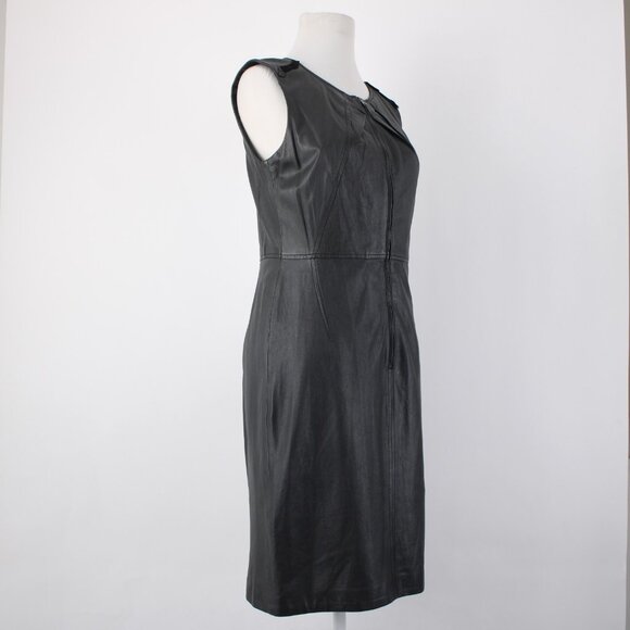 Elie Tahari Dress Sz 8 Black Sleeveless Zipper 100% Leather Poly Bodycon Dress - Picture 7 of 16